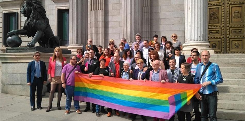 El col·lectiu LGTBI, juntament amb representants polítics, a les portes del Congrés, al setembre de 2017