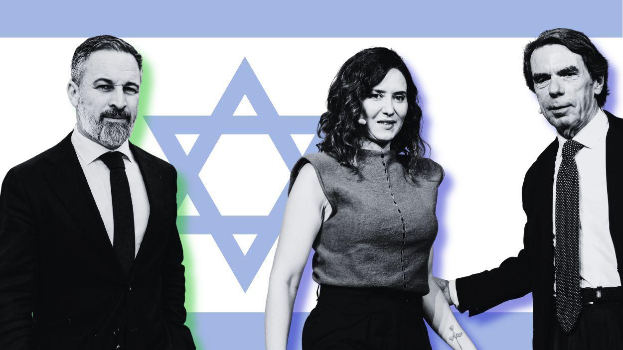 Isabel Díaz Ayuso, Santiago Abascal i José María Aznar amb la bandera d'Israel de fons 